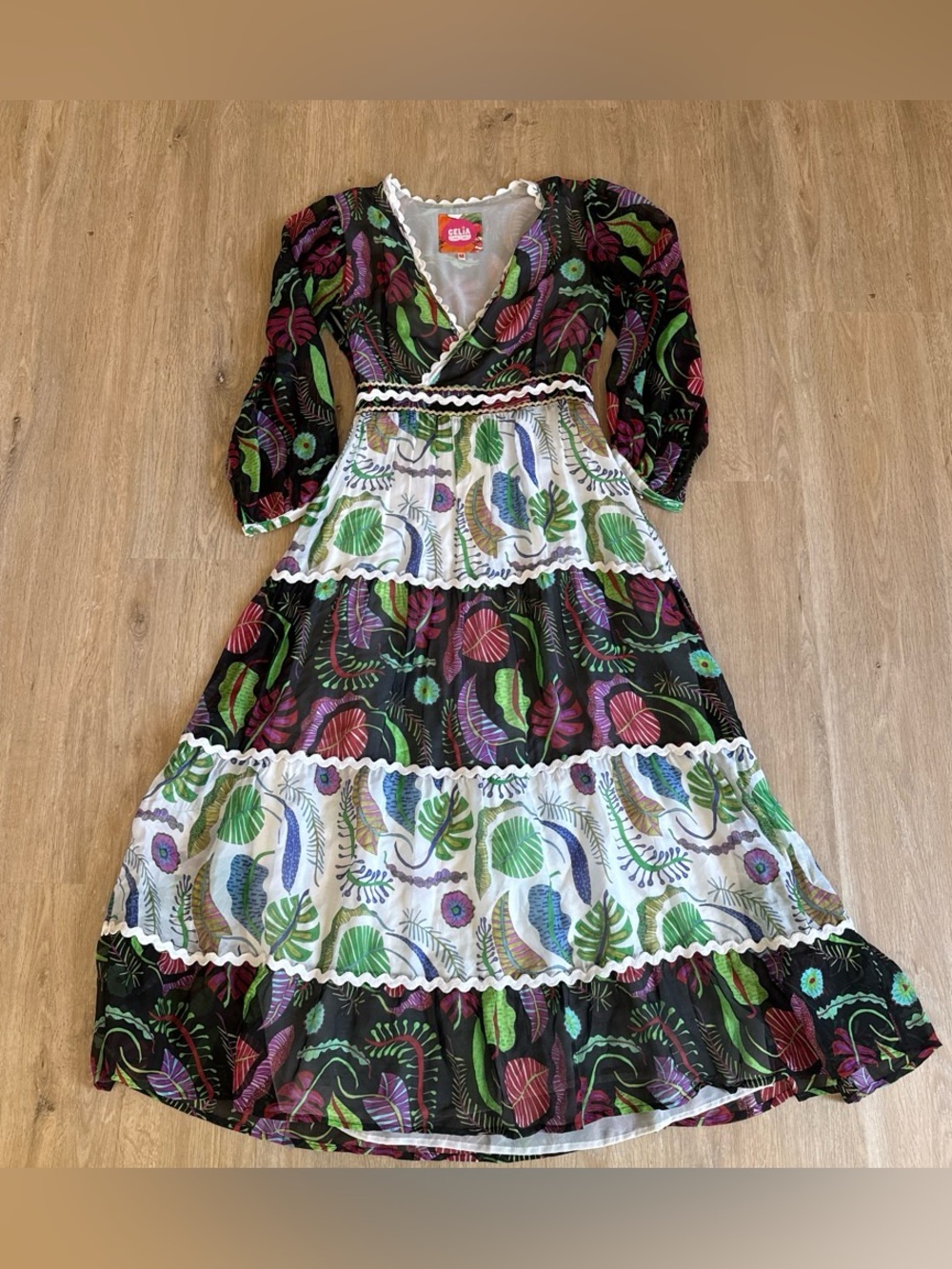 CeliaB Black Floral Tiered Maxi Dress with Green & Purple Accents M